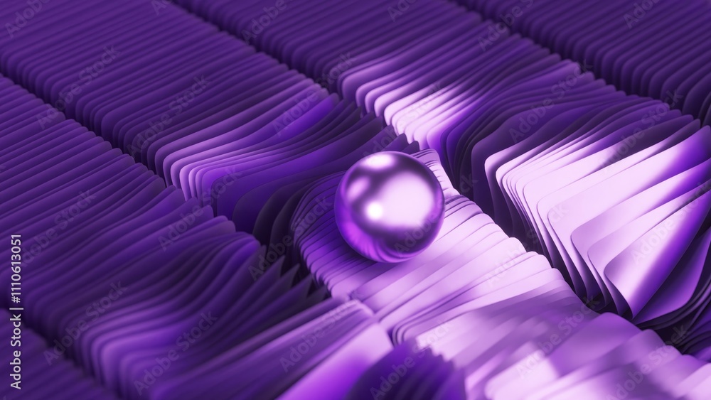 Poster shiny purple sphere rests on a undulating, folded surface, creating a visually striking abstract com