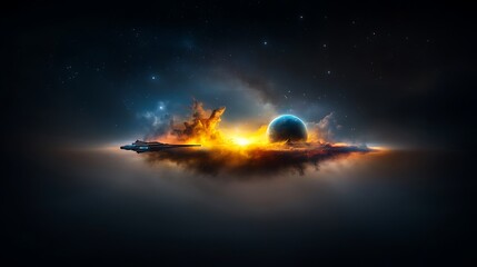 A star cruiser captured from behind, venturing through the brilliance of an expansive galaxy, an Earth-like planet radiating cosmic beauty in the distance, ultra-detailed realism with cinematic 