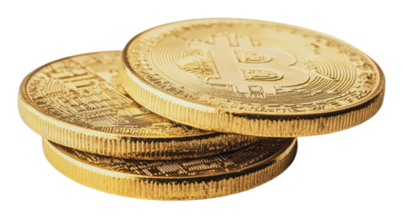 Stacked Bitcoin coins on white, cut out - stock png.