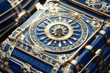 Obraz premium Exquisitely crafted blue and gold ornate jewelry box, detailed close-up showcasing intricate design, precious gems, and luxurious craftsmanship.