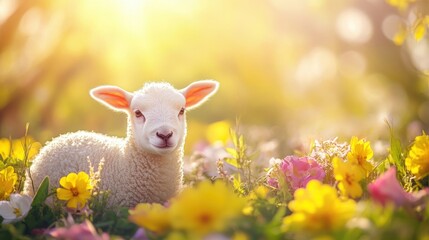 Naklejka premium A charming Easter scene with a lamb and bright flowers under soft sunlight, with empty space for text