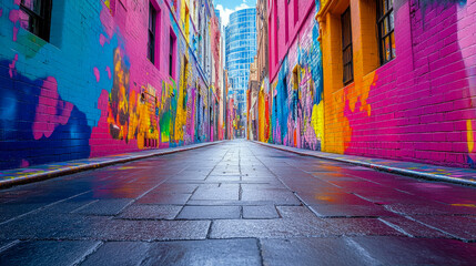 Naklejka premium Vibrant murals cover both sides of a narrow alley, showcasing artistic expression and color against a clear blue sky in a bustling city