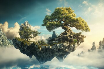 Fototapeta premium Floating island with ancient trees under a bright sky at sunrise