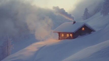 A charming snow-covered ski chalet with smoke curling from its chimney, creating a warm winter atmosphere