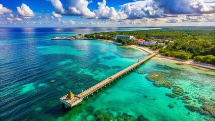 Aerial View of the Long Pier in Cozumel, Mexico, Surrounded by Crystal Clear Waters and Lush Greenery, Showcasing the Beauty of Tropical Island Destinations and Coastal Landscapes