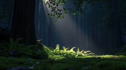 Sunlight streams through a dense forest with ferns and moss-covered ground.