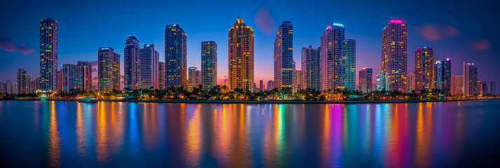 Naklejka premium A colorful city skyline reflects beautifully on water as dawn breaks, showcasing tall buildings illuminated by soft lights