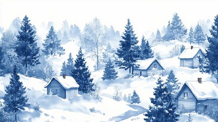 Houses in the highlands in winter in the form of a painting