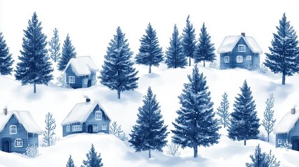 Houses in the highlands in winter in the form of a painting