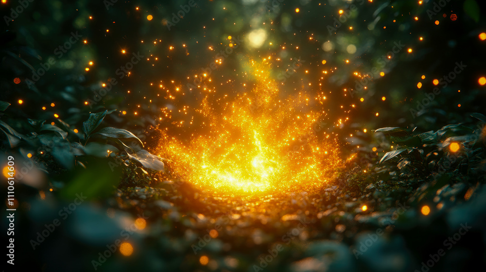 Poster sparks of glowing light burst from the ground in a forested area at twilight, creating an enchanting