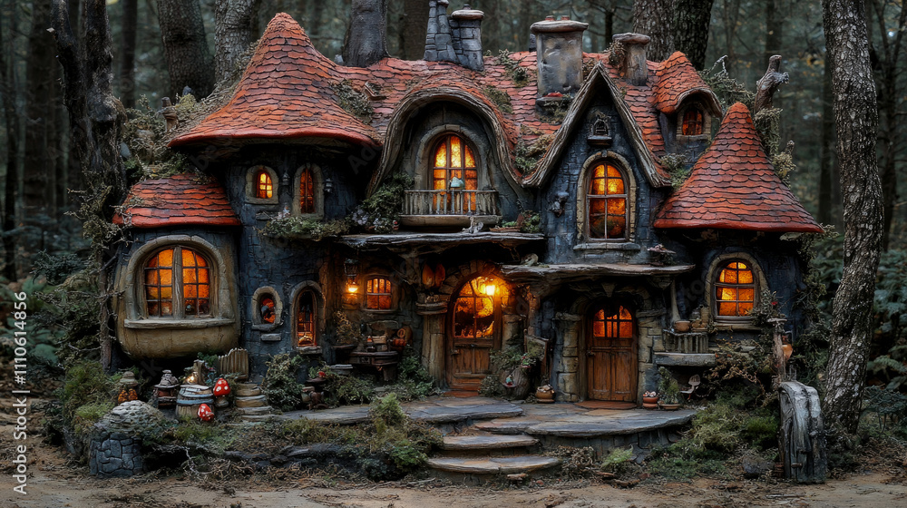 Aufkleber a unique cottage features whimsical architecture and is surrounded by tall trees, illuminated by sof