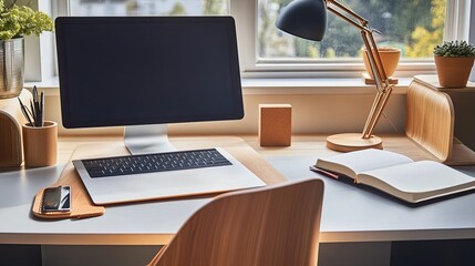 a minimalist office desk setup with a sleek laptop, notebook, and an elegant desk lamp.