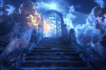 Fototapeta premium Fantastically staircase leading to cloudy deep sky at natural light