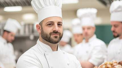 Chef Teaching Apprentices in Professional Kitchen Setting