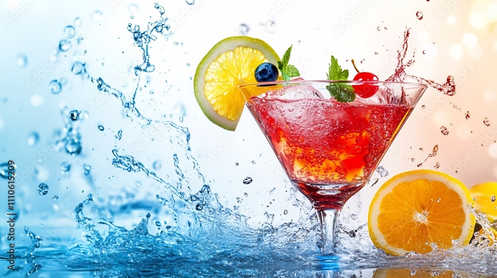 Poster captivating image showcasing the vibrant colors and dynamic motion of a cocktail liquid blend with f