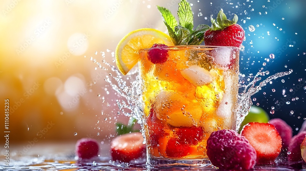 Poster vibrant and dynamic cocktail liquid motion blending together colorful fruit slices creating a refres