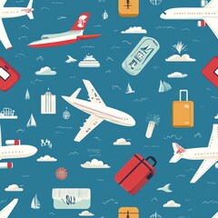 Seamless Travel Pattern with Airplanes and Luggage seamless, pattern, background, texture