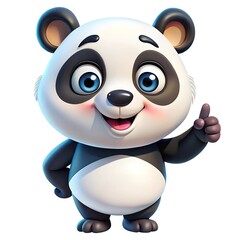Fototapeta premium Cartoon little kawaii panda with a raised finger up on a white background