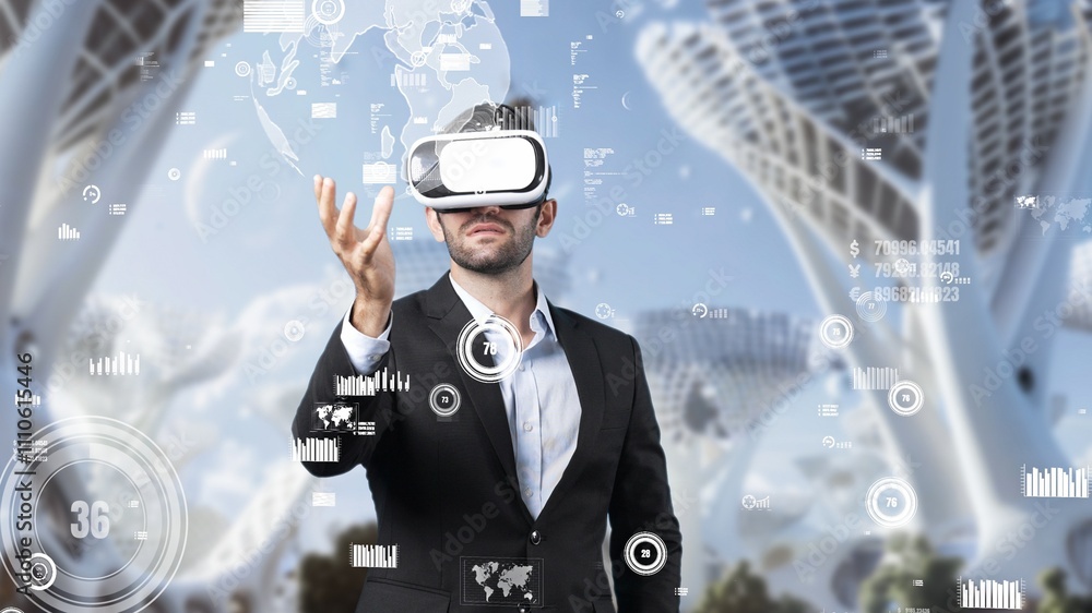 Poster professional business man holding network globe hologram while wearing vr glasses. skilled project m