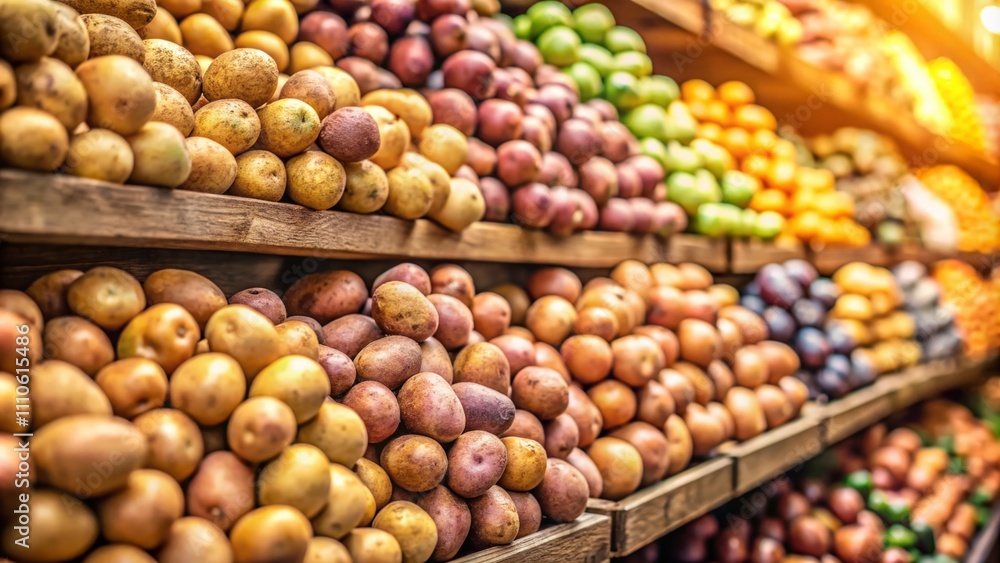 Aufkleber a minimalist display of diverse potato varieties on a store shelf emphasizing natural textures and e