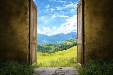 Open doors revealing a stunning landscape of mountains and blue sky in daylight