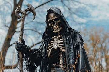 Scary grim reaper with sharp scythe in hell with dramatic background