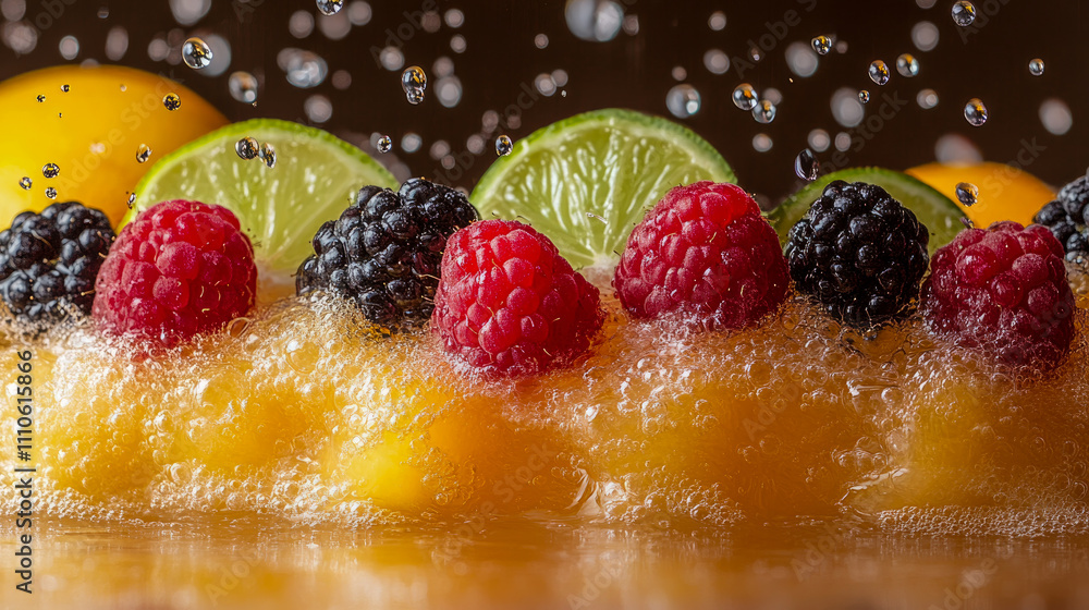Poster vibrant berries and citrus slices cascade into sparkling liquid, creating a lively splash, perfect f