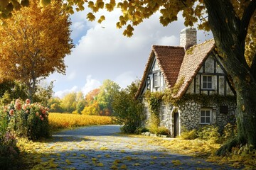 Charming cottage surrounded by vibrant autumn foliage in a rural landscape