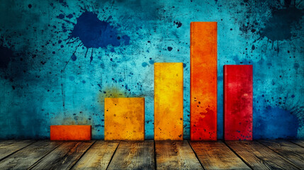 A bar graph in vivid colors shows varying data trends against a bright blue backdrop with artistic splashes, creating a dynamic visual presentation