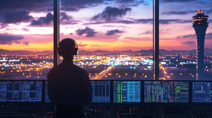 Control tower operator oversees airport operations during sunset, surrounded by vibrant city lights and advanced technology in a modern workspace