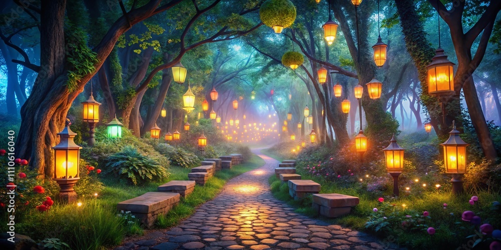 Poster a pixelated forest path lit by lanterns at night creating a magical atmosphere with soft glows and s