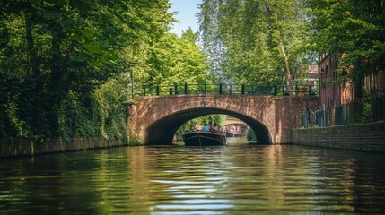 Fototapeta premium A narrowboat drifting slowly along a canal, with brick bridges and green trees lining the waterway. 