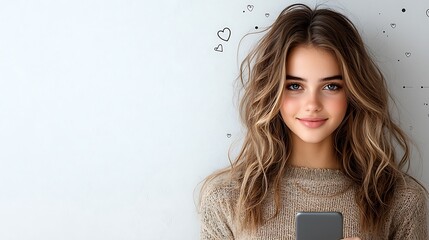 A young woman smiling while taking a selfie with her smartphone, surrounded by floating colorful social media icons and digital interface elements on a clean white background, Ultra-Realistic, 