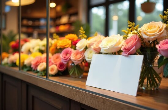 Mock up for flower business: blank white card and beautiful bouquets of roses and flower arrangements in the window of a flower shop. Preparation for Valentine's Day. Floristry and flower business sph