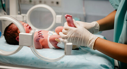 Newborn care in a modern NICU, with a healthcare professional carefully tending to the baby