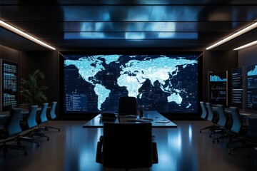 Fototapeta premium A modern digital world map displayed on a large screen in a tech-filled office.