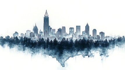 Fototapeta premium City skyline emerging from a misty forest, watercolor style.