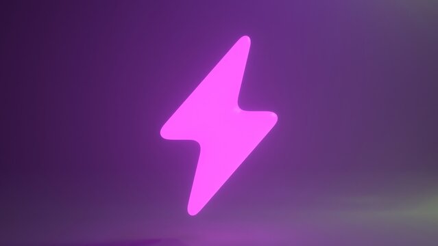 Vibrant pink neon lightning bolt glows on a colorful gradient background, symbolizing electricity, power, and energy, evoking feelings of danger and awe