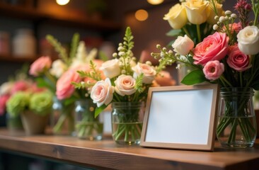 Obraz premium Mock up for flower business: blank white card and beautiful bouquets of roses and flower arrangements in the window of a flower shop. Preparation for Valentine's Day. Floristry and flower business sph