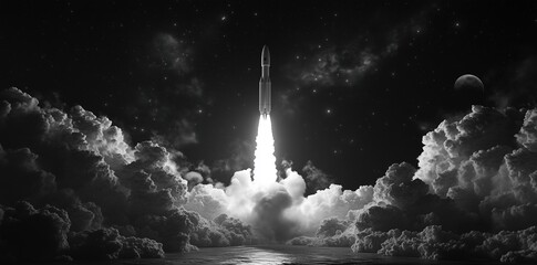 Black and white illustration of a rocket launch