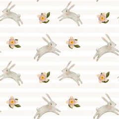 Fototapeta premium Beautiful watercolor pattern with rabbits and flowers for Easter celebrations