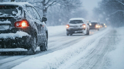 Cars driving on snowy road during snowfall in winter