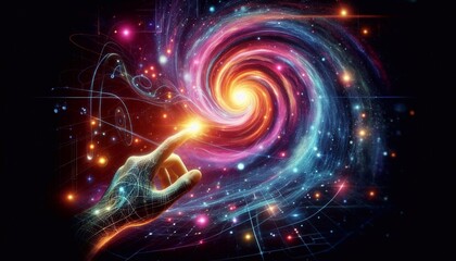 Hand interacting with a glowing, swirling galaxy-like vortex, symbolizing cosmic creation and futuristic technology