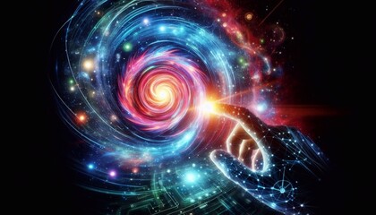 Obraz premium Hand interacting with a glowing, swirling galaxy-like vortex, symbolizing cosmic creation and futuristic technology