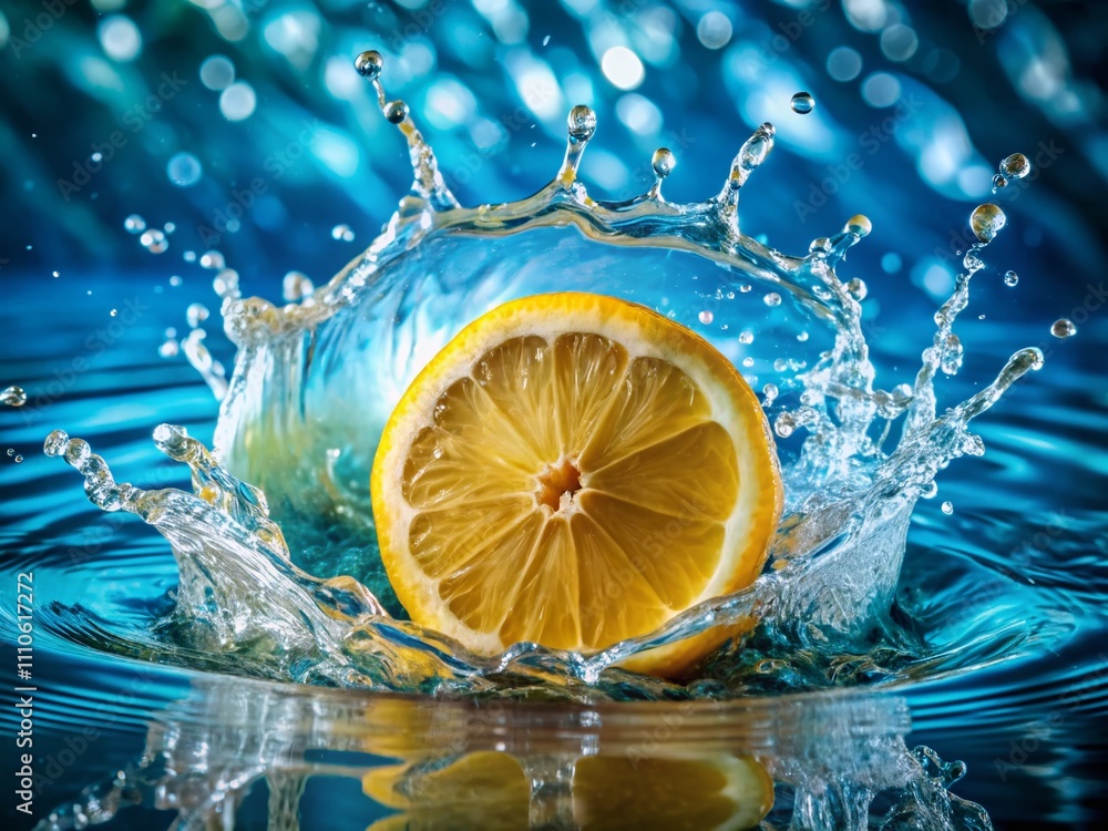 Poster a refreshing splash: a vibrant lemon slice dives into water, creating dynamic ripples and sparkling 
