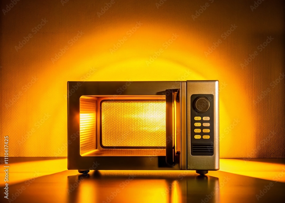 Poster artistic double exposure of a microwave on a bright yellow background with dynamic shadows and layer