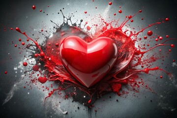 Artistic Double Exposure of a Red Heart Symbolizing Love and Disappointment with Paint Splatters in Red, White, and Black Colors for Emotional Representation and Expression