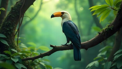 A toucan bird perched on a thick gnarled branch in a lush tropical forest