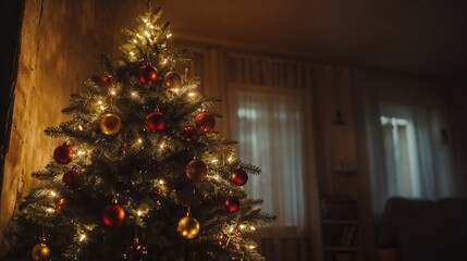Traditional Christmas Tree Display with Red and Gold Decor Near Window