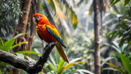 Naklejka premium A macaw bird red, yellow, and blue feathers perched on a thick gnarled branch in a lush tropical forest